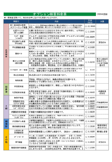 オプション検査料金表